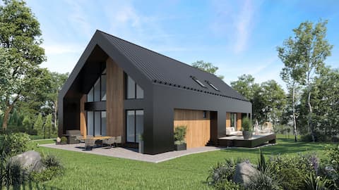 Widok domu jednorodzinnego w Grębynicach z zewnętrznej strony