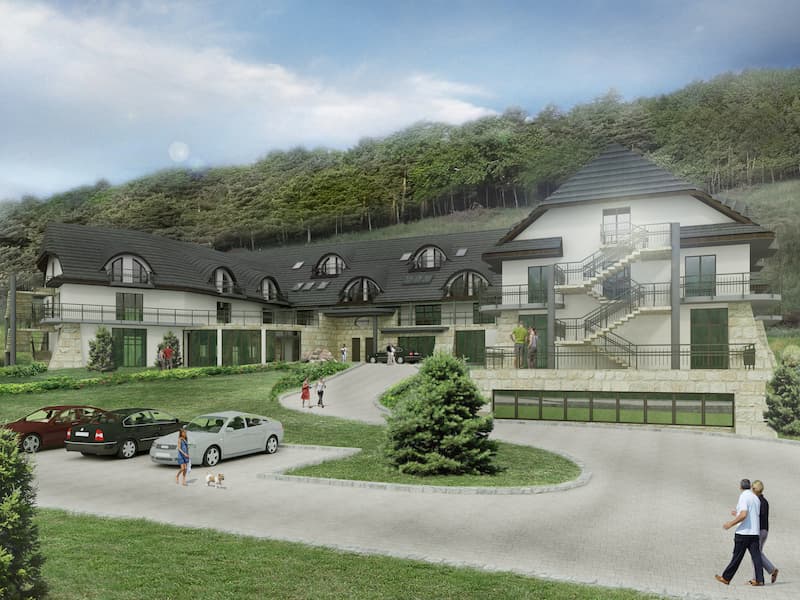 Wizualizacja zewnętrzna koncepcji hotelu sportowo-rekreacyjnego w Wiśle Nowa Osada